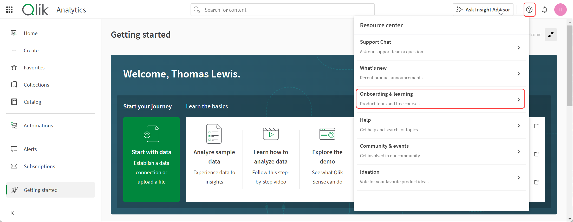 Clique para ver em tamanho grande Comece o tour de boas vindas do Qlik Cloud