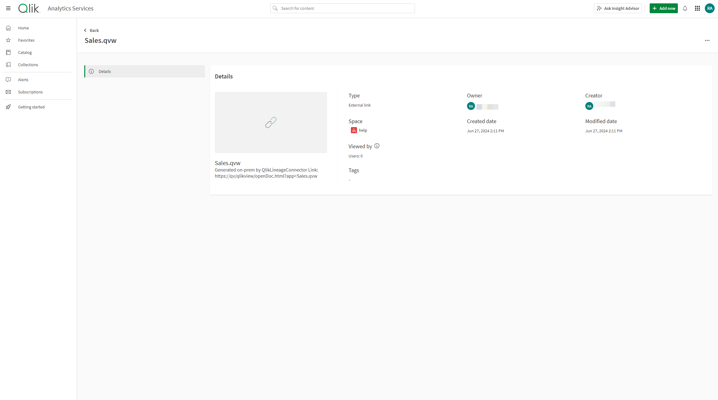 单击以查看完整尺寸 Qlik Catalog Service 中的链接详细信息显示